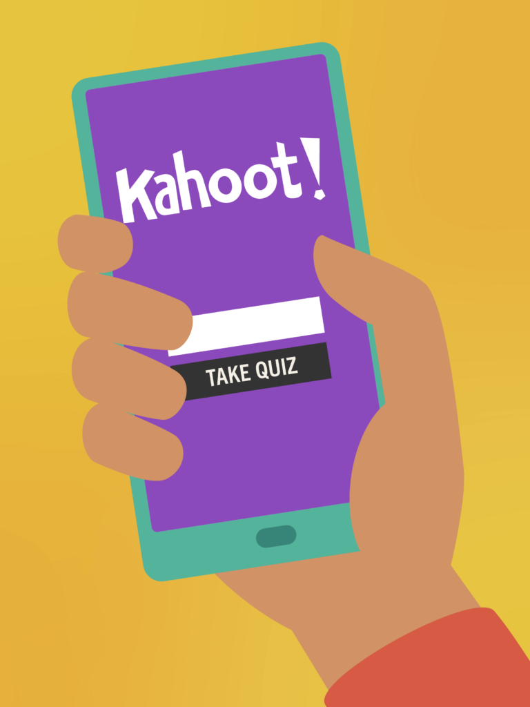 Graphic of a hand holding a phone. The screen of the phone is the login to play a Kahoot! game.